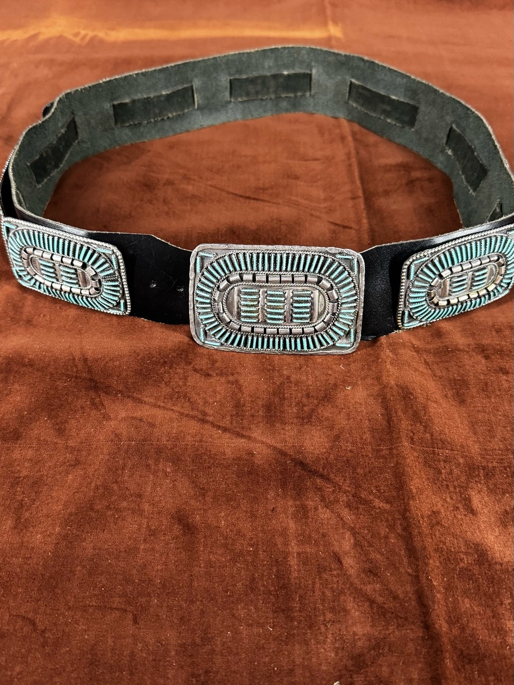 Navajo by Jason Yazzie Black Leather Belt with Turquoise Silver Conchos